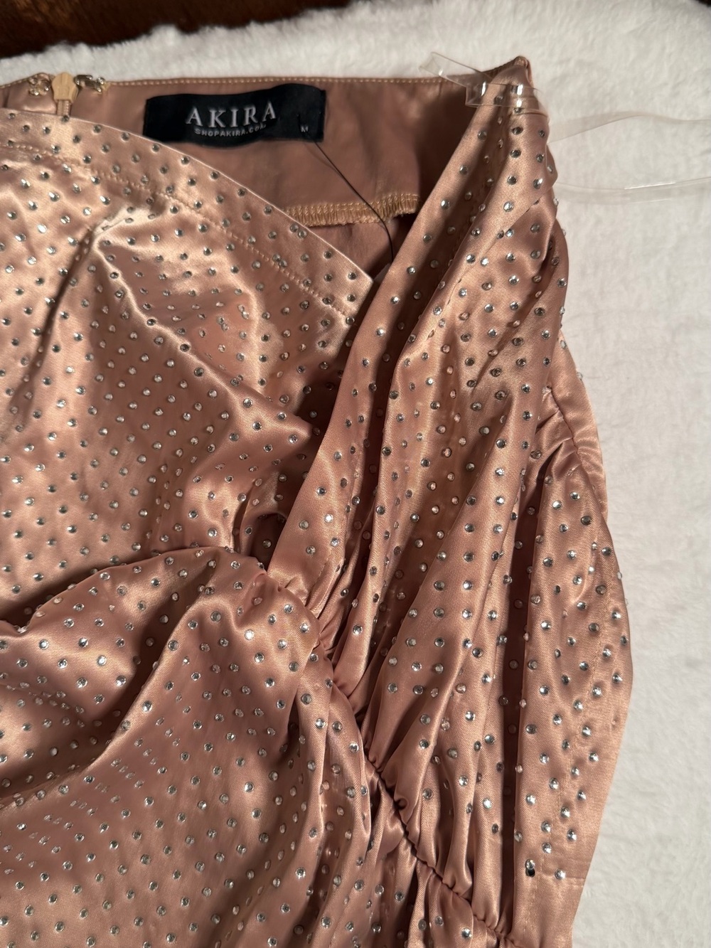 AKIRA Champagne Gold Rhinestone Strapless Ruched Maxi Dress - Picture 10 of 13